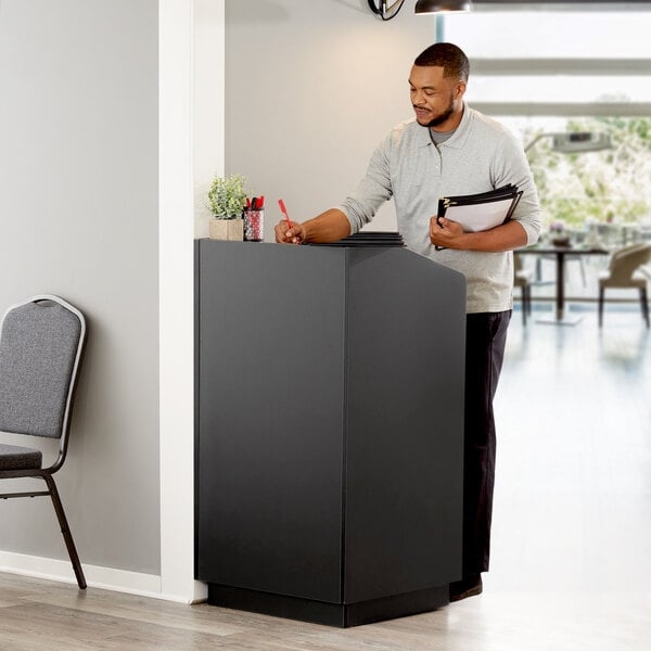 Host Podium Matte Black with Angled Top and Recessed Toe Kick