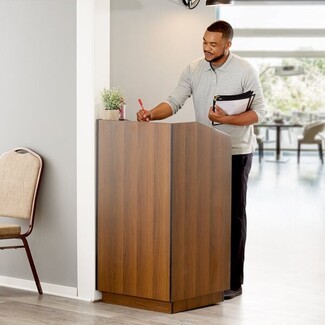 Host Podium Walnut Finish with Recessed Base and Privacy Panels
