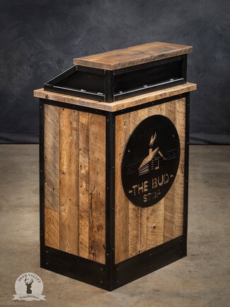 Host Stand Barnwood Texture with Custom Logo Plate and Metal Frame