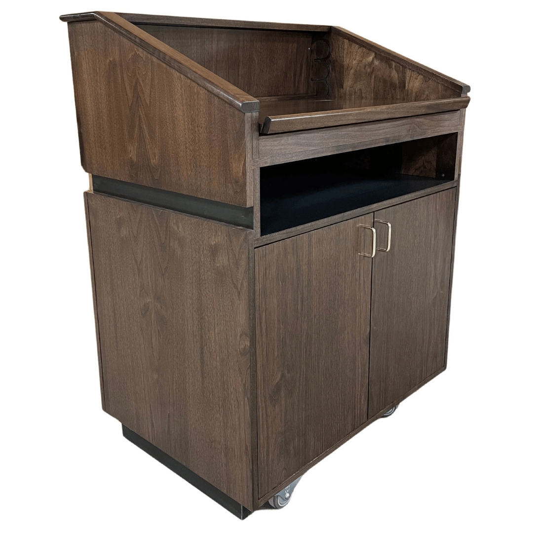 Host Stand Mobile Casters with Integrated Storage in Walnut