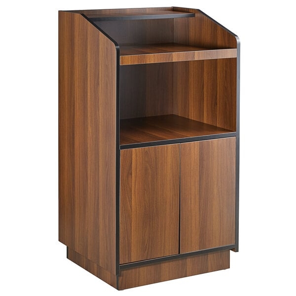 Host Station Walnut Laminate with Black Trim and Tiered Shelving