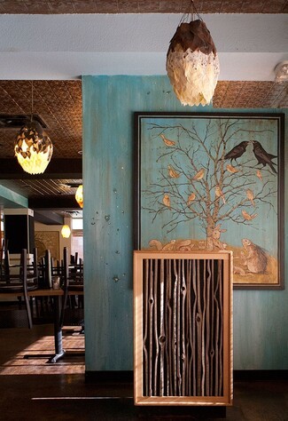 Hostess Stand Branch Slat Facade with Knotty Wood Texture