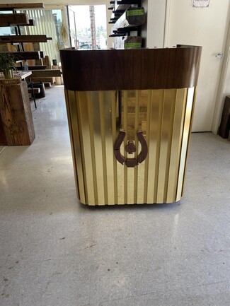 Hostess Stand Fluted Gold Base and Horseshoe Emblem in Walnut