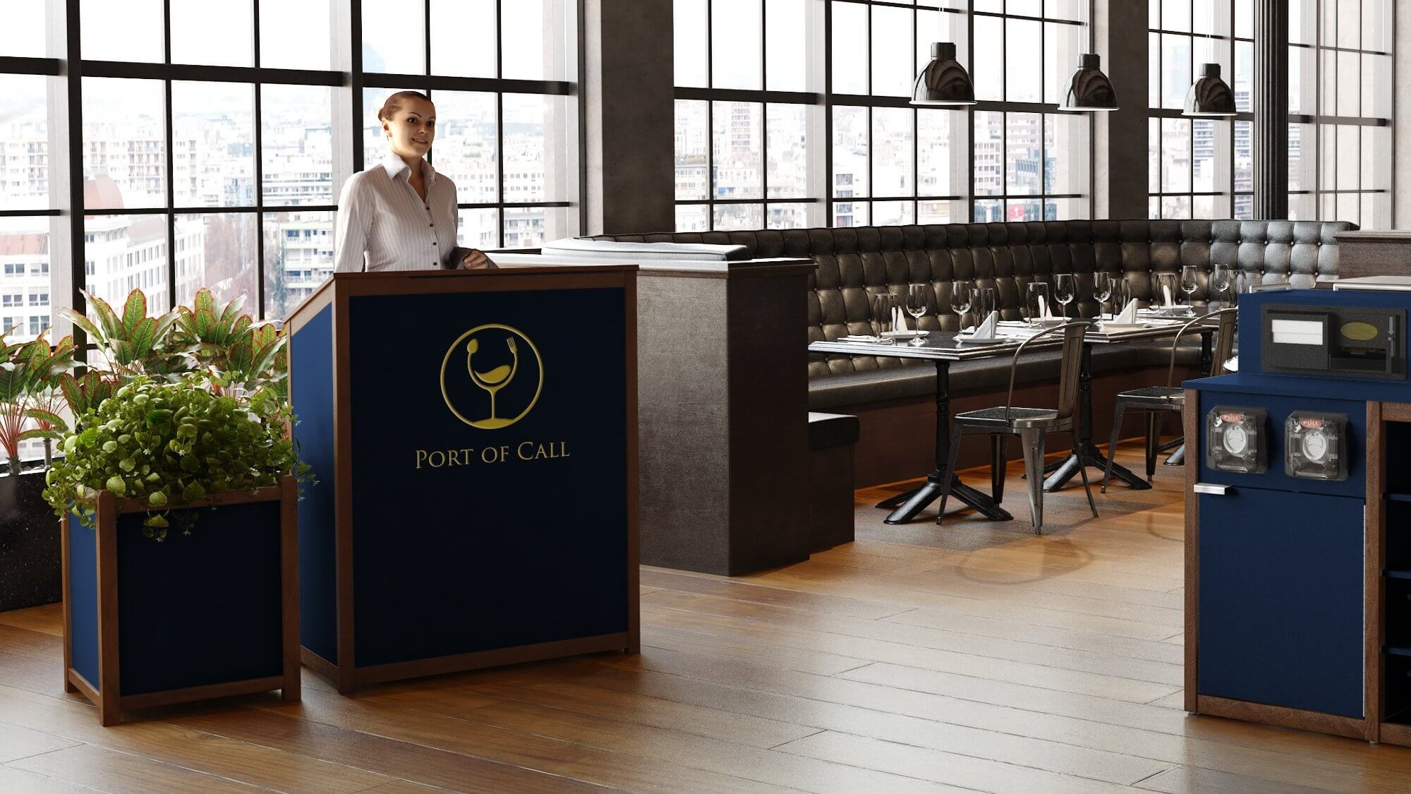 Hostess Station Navy Panels with Gold Logo Branding and Wood Trim