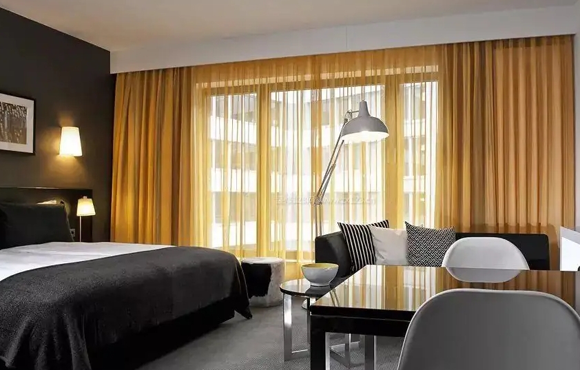 Hotel Curtains Amber Sheer Drapes with Charcoal Accent Wall