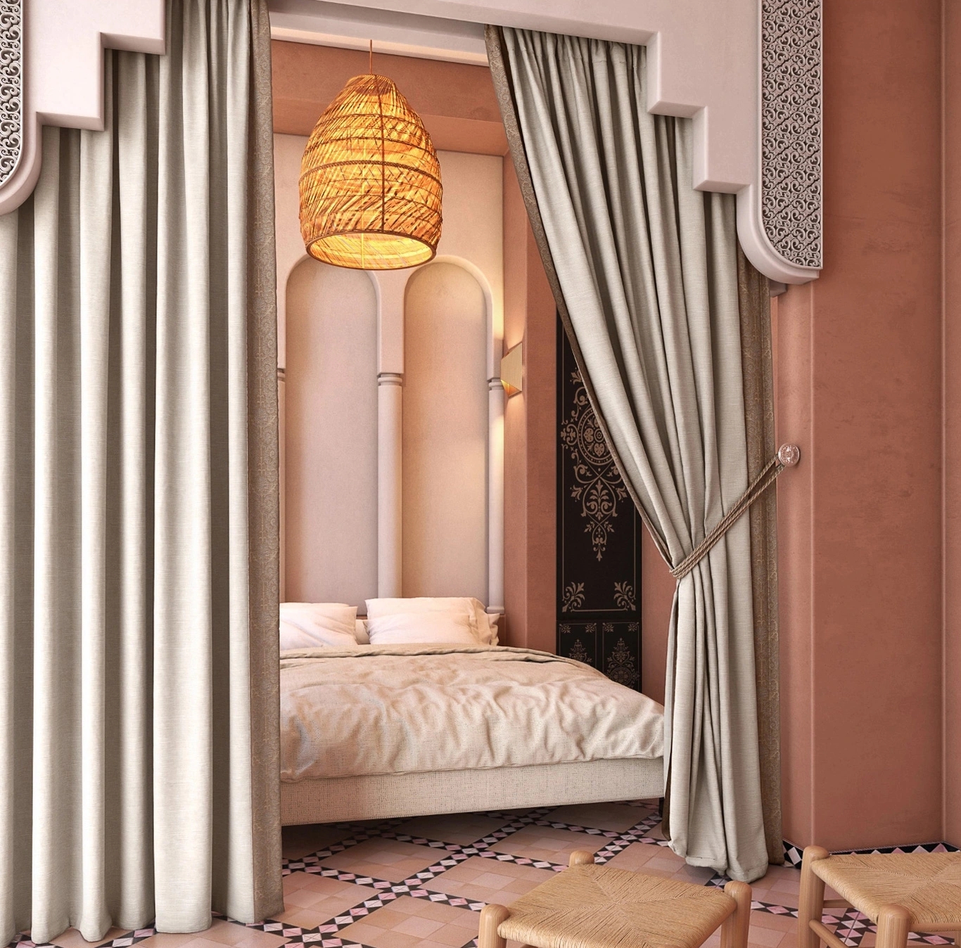 Hotel Curtains Scalloped Archway Terracotta Plaster Walls