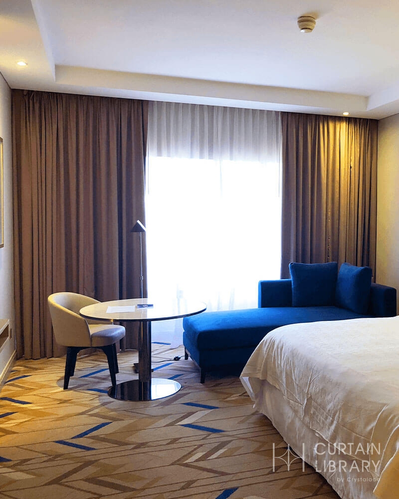 Hotel Room Suite Navy Blue Chaise Floor To Ceiling Drapes
