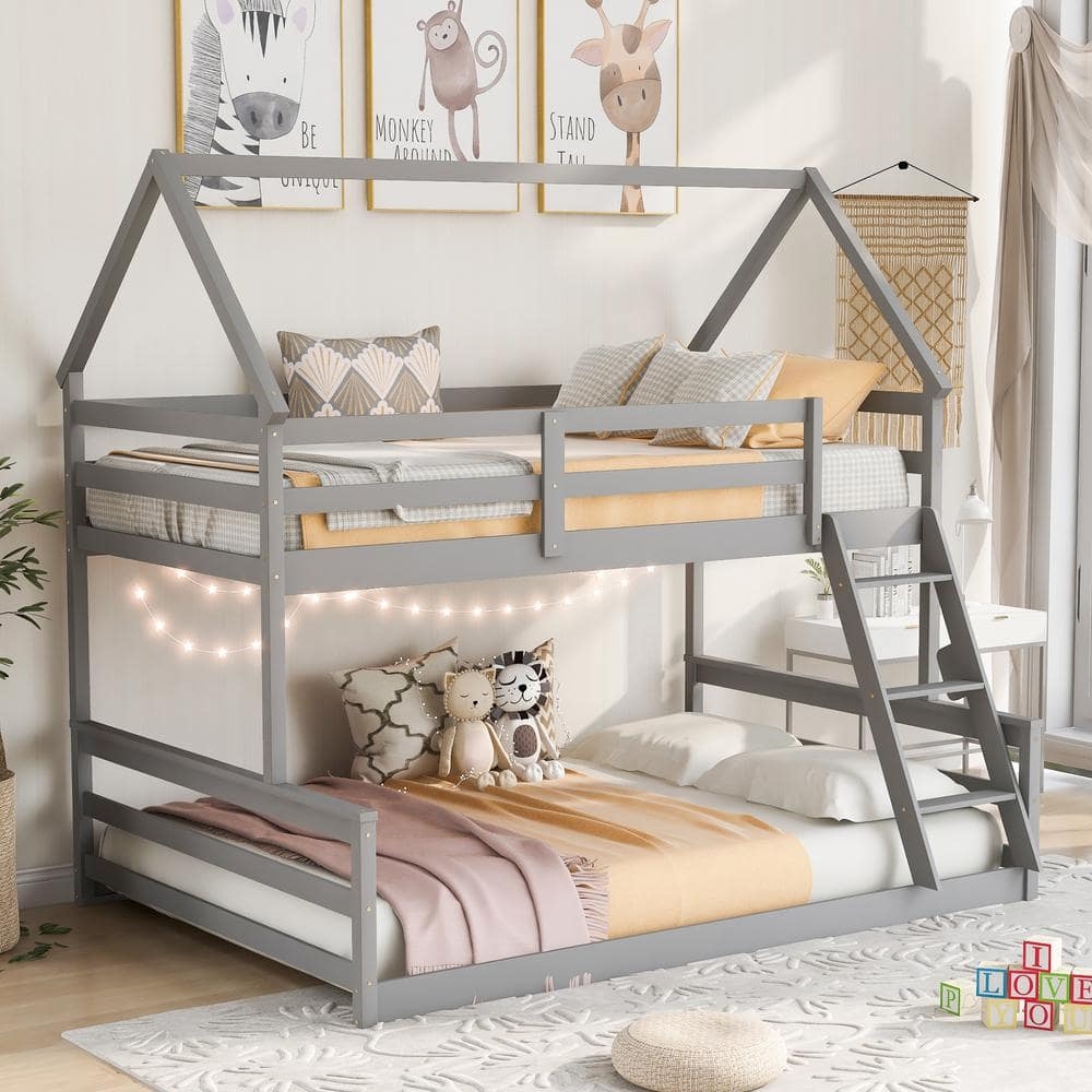 House Bunk Bed with Triangle Roof and Low Profile Bottom
