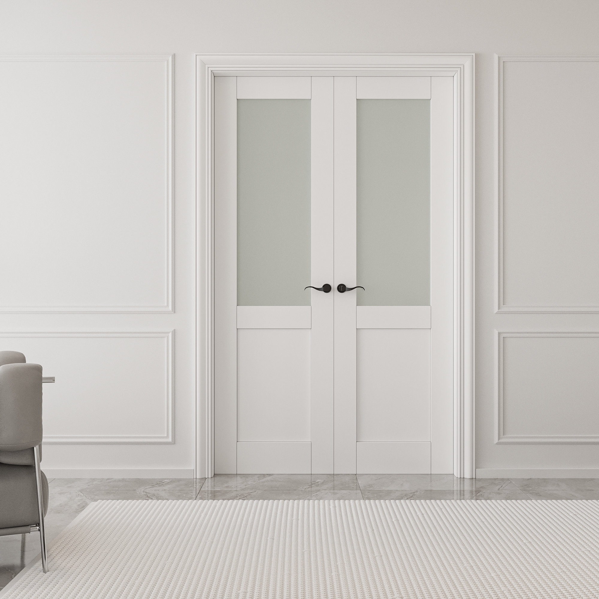 Interior Double Door with Half Glass Panels and Frosted Glass Style