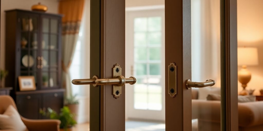 Interior French Doors with Antique Gold Hardware and Walnut Toned Frame