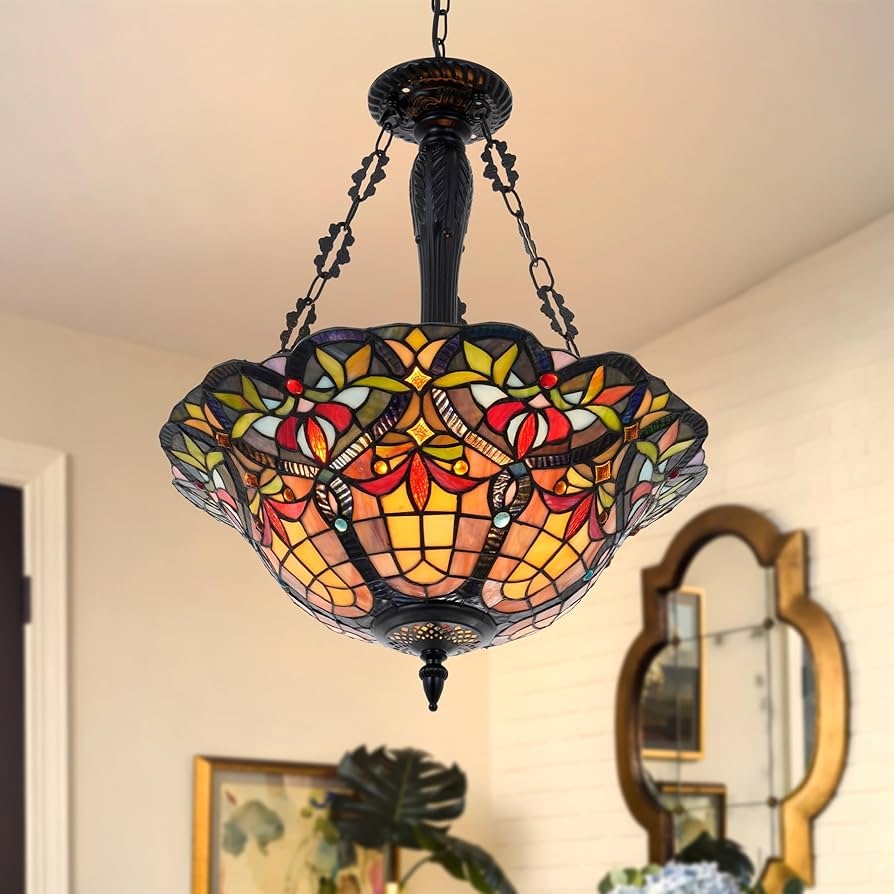 Inverted Chandelier with Scalloped Rim and Jewel Tones
