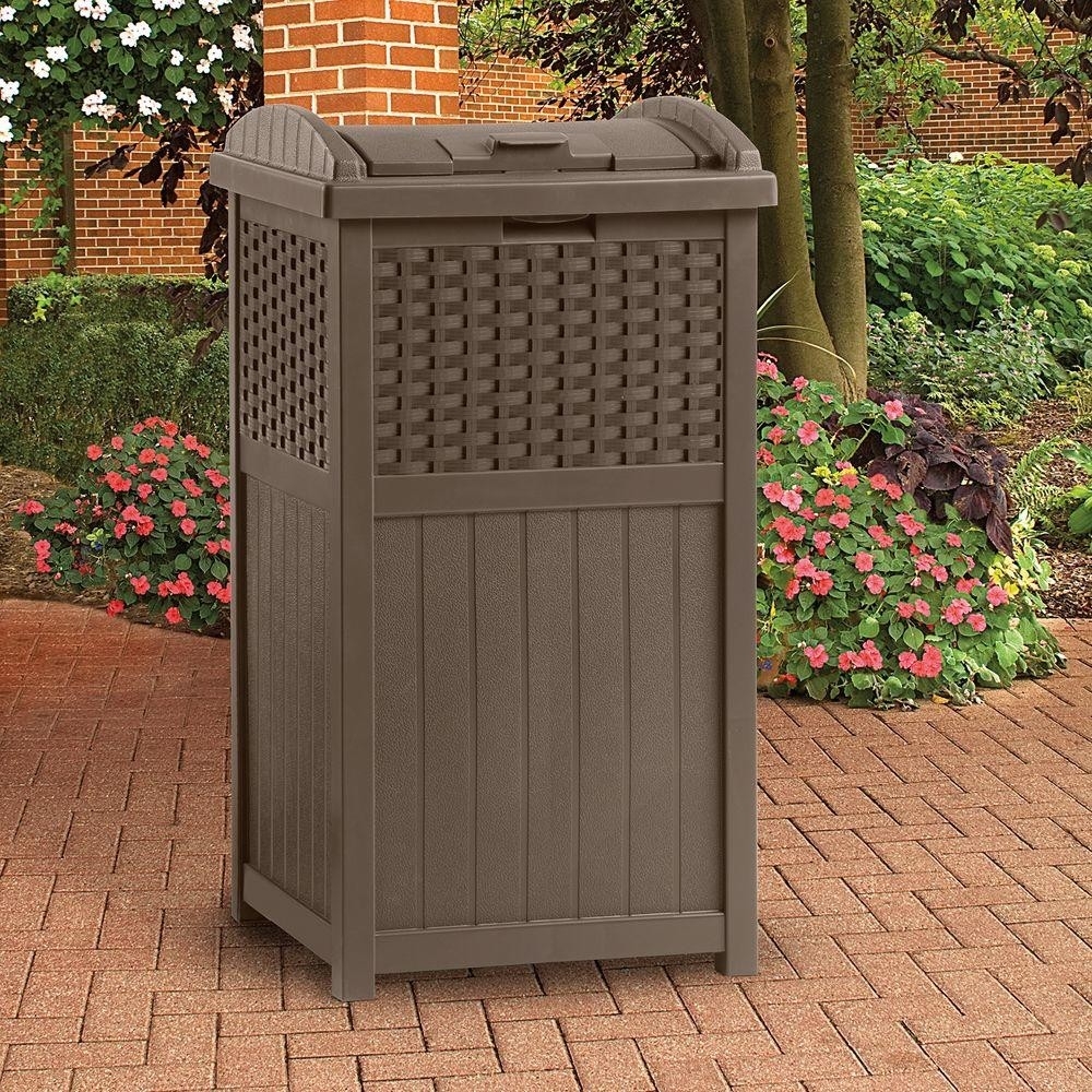 Java Brown Outdoor Trash Can with Basketweave Pattern Bin