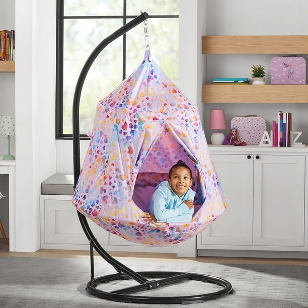 Kids Hanging Pod Heart Print Fabric Whimsical Nook Furniture