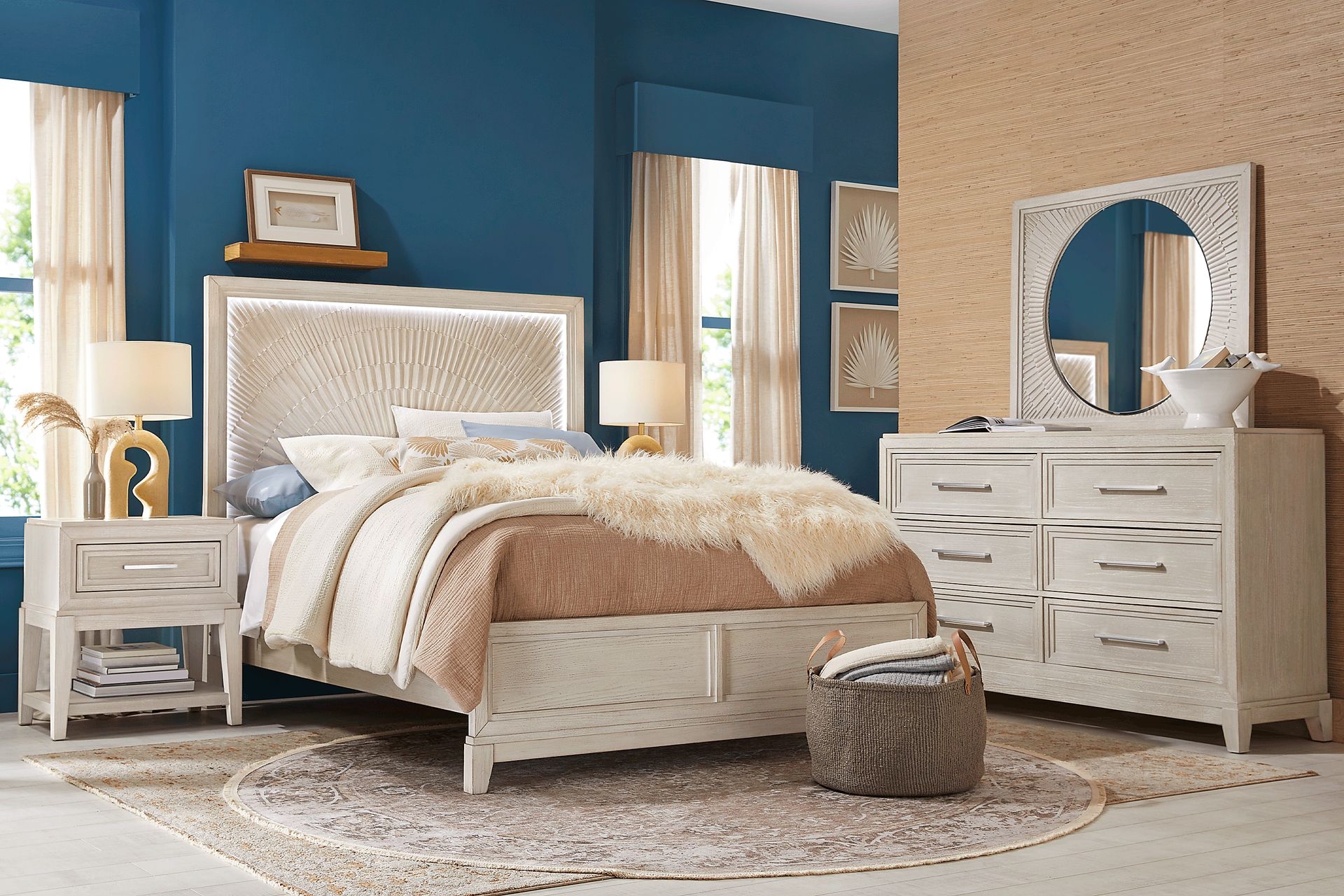 King Bedroom Set with Radial Texture and Integrated Lighting