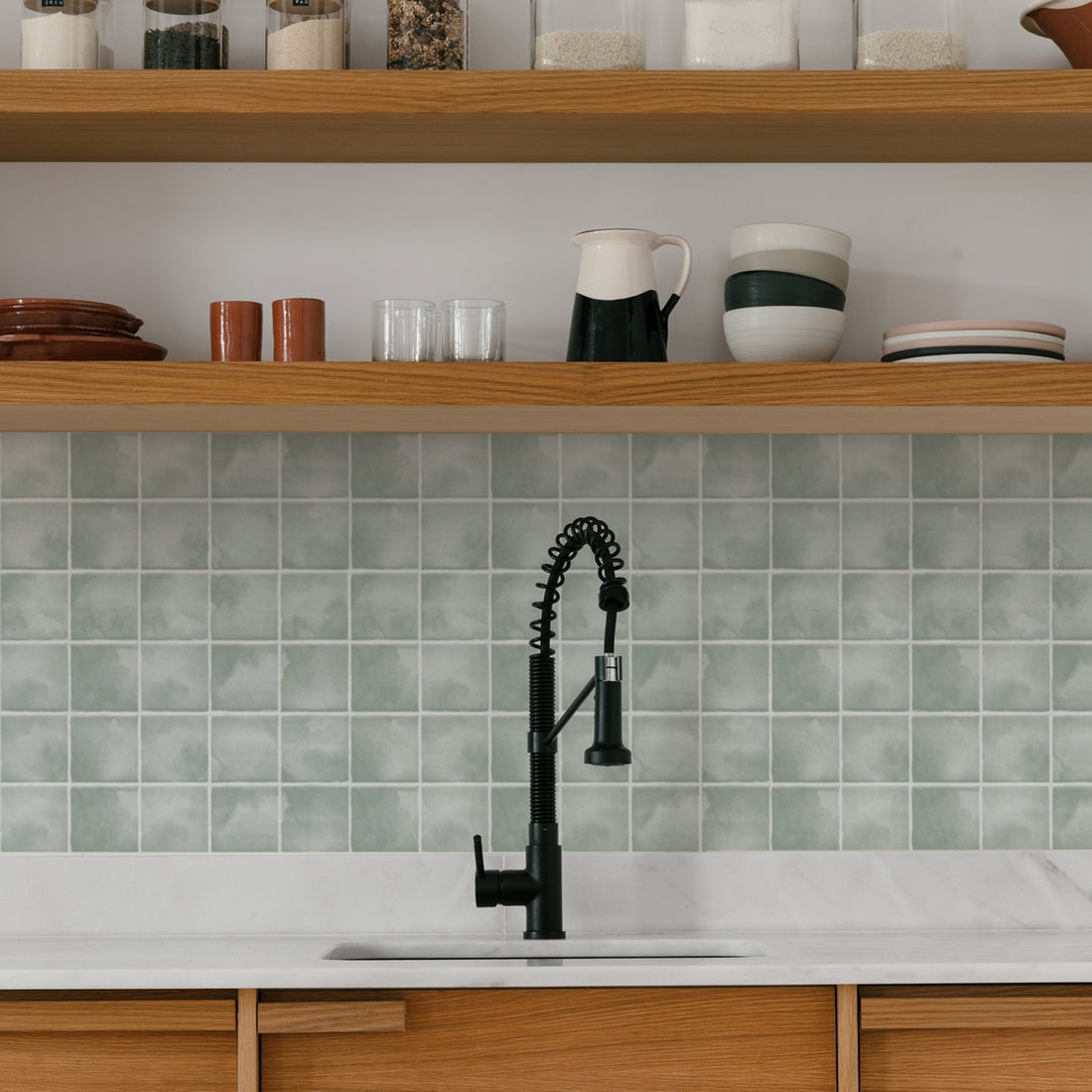 Kitchen Backsplash Matte Black Faucet Watercolor Style