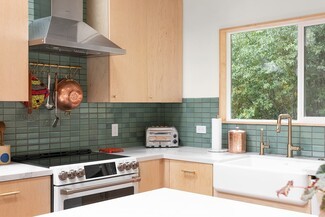 Kitchen Backsplash Sage Green Tile and Vertical Stacked Layout