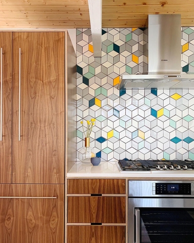 Kitchen Backsplash Walnut Cabinetry 3D Geometric Tile Pattern
