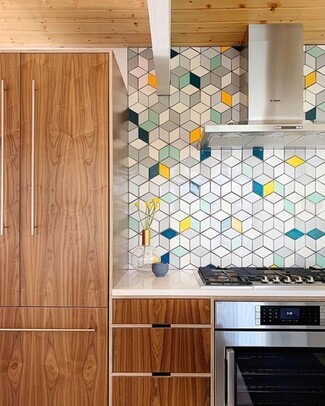 Kitchen Backsplash Walnut Cabinetry 3D Geometric Tile Pattern