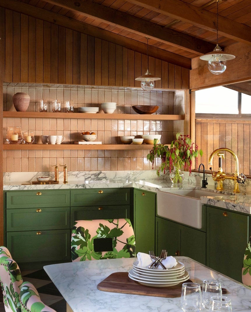 Kitchen Cabinetry Forest Green Finish and Stacked Tile Backsplash