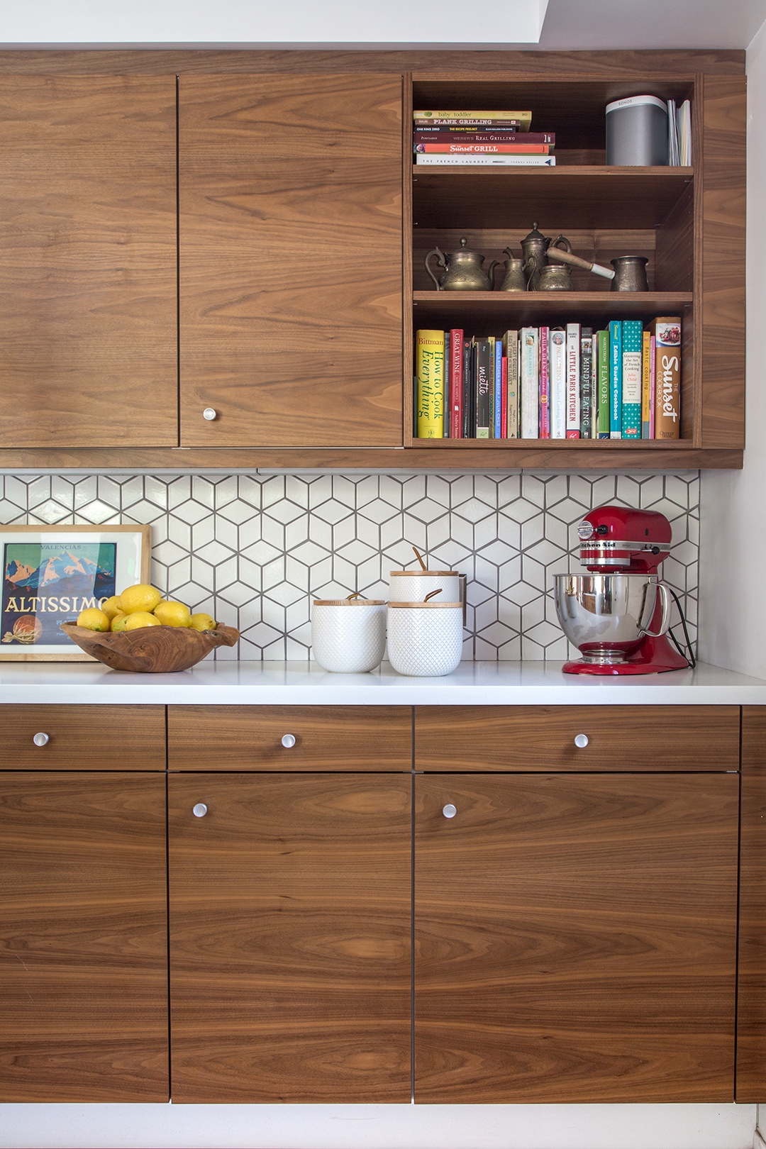 Kitchen Cabinetry Walnut Veneer Texture and Geometric Cube Tile