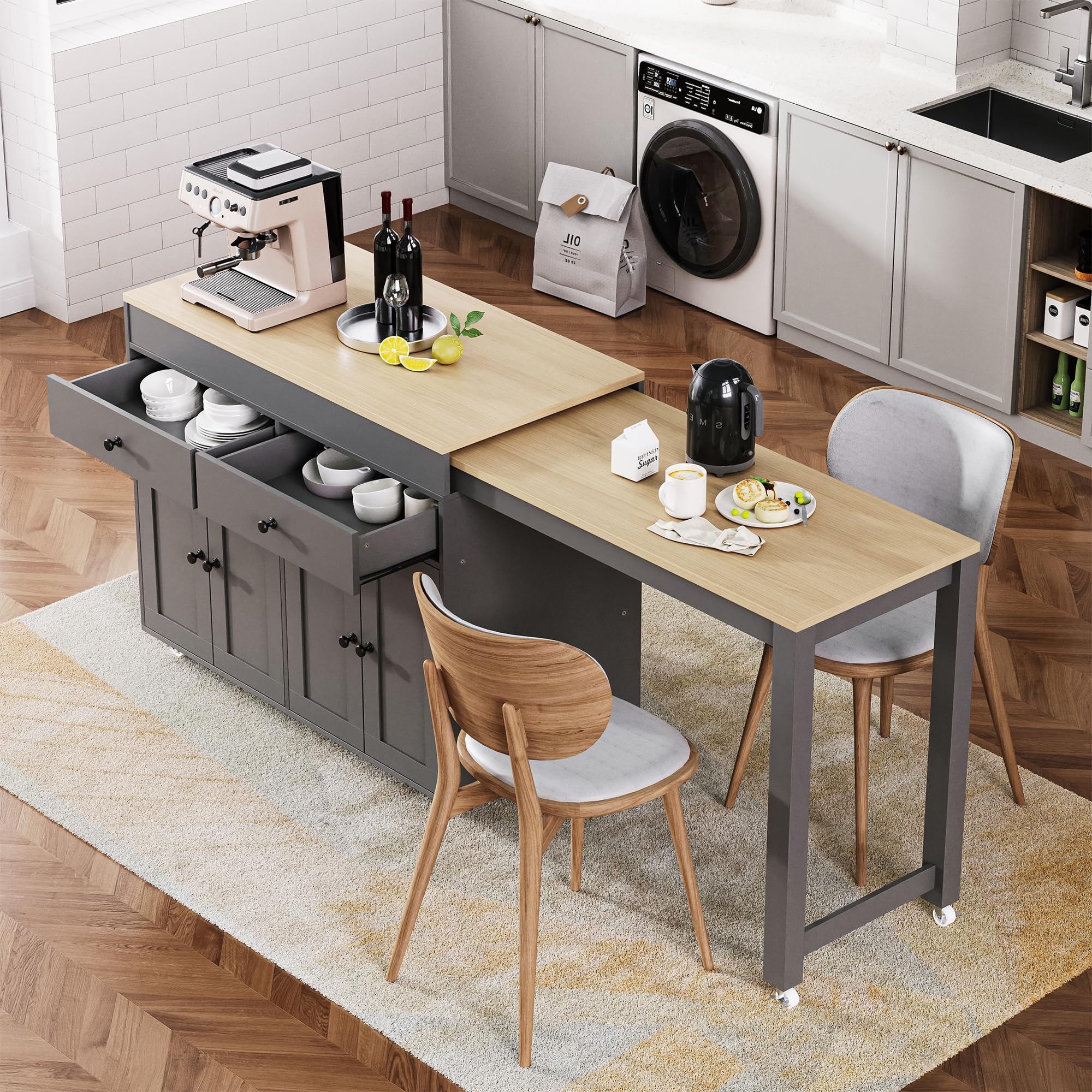 Kitchen Island Table Combo Charcoal Grey Storage Cart