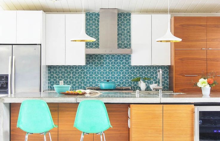 Kitchen Island Teal Geometric Backsplash and Turquoise Stools