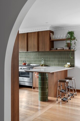 Kitchen Island Tiled Island Leg and Green Kit Kat Backsplash