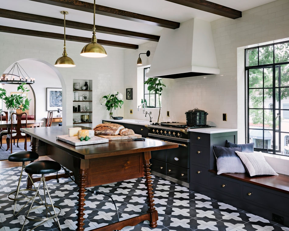 Kitchen Island Turned Leg Island Spanish Style Geometric Floor