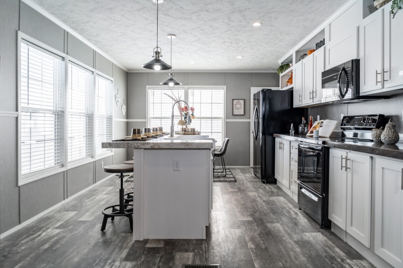 Kitchen Island with Black Appliances and Grey Kitchen Design