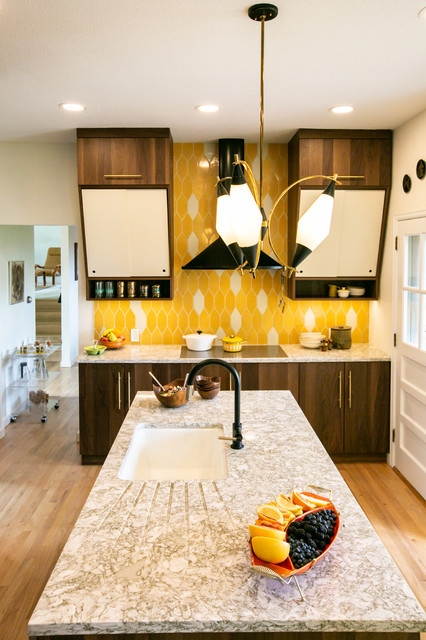 Kitchen Island Yellow Picket Backsplash and Walnut Cabinetry