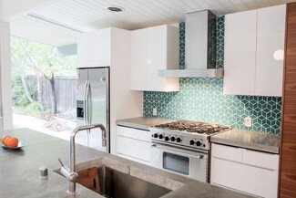 Kitchen Remodel Teal Cube Tiles and Mid Century Backsplash