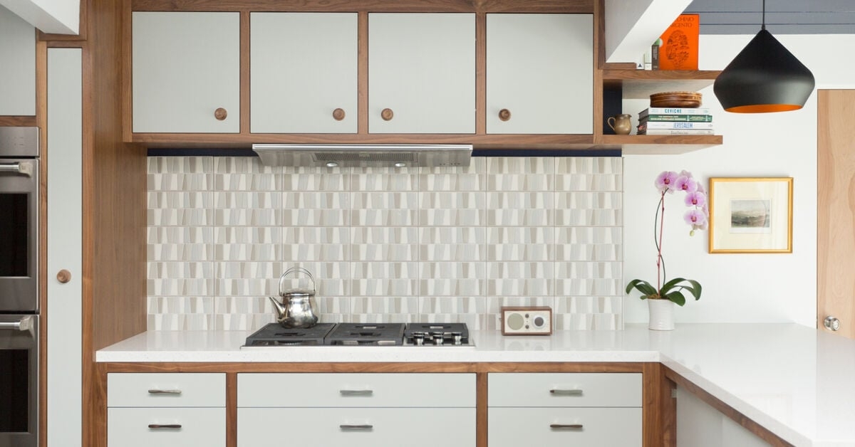 Kitchen Tile Walnut Trim Geometric Backsplash and Inset Panels