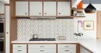 Kitchen Tile Walnut Trim Geometric Backsplash and Inset Panels