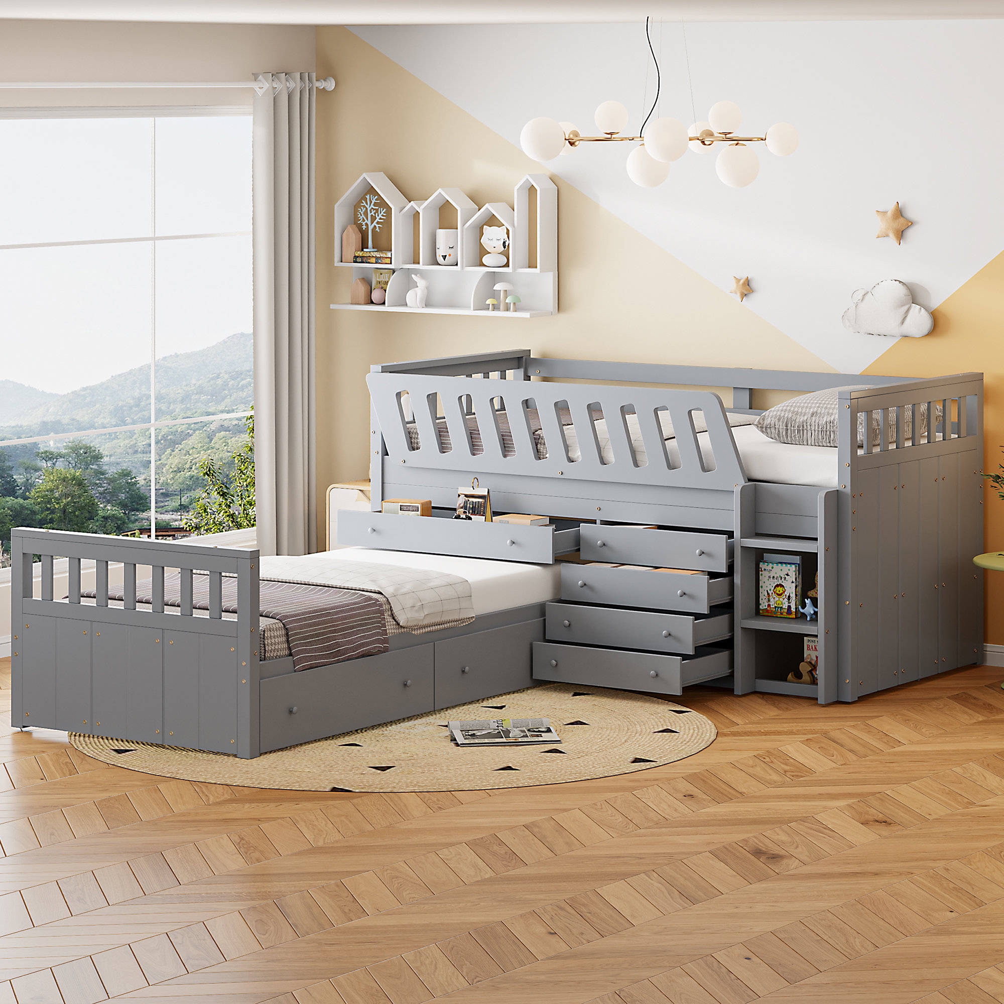 L-Shaped Bunk Bed with Integrated Storage Drawers Corner Design