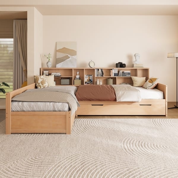 L-Shaped Daybed Light Wood Corner Bookcase Headboard