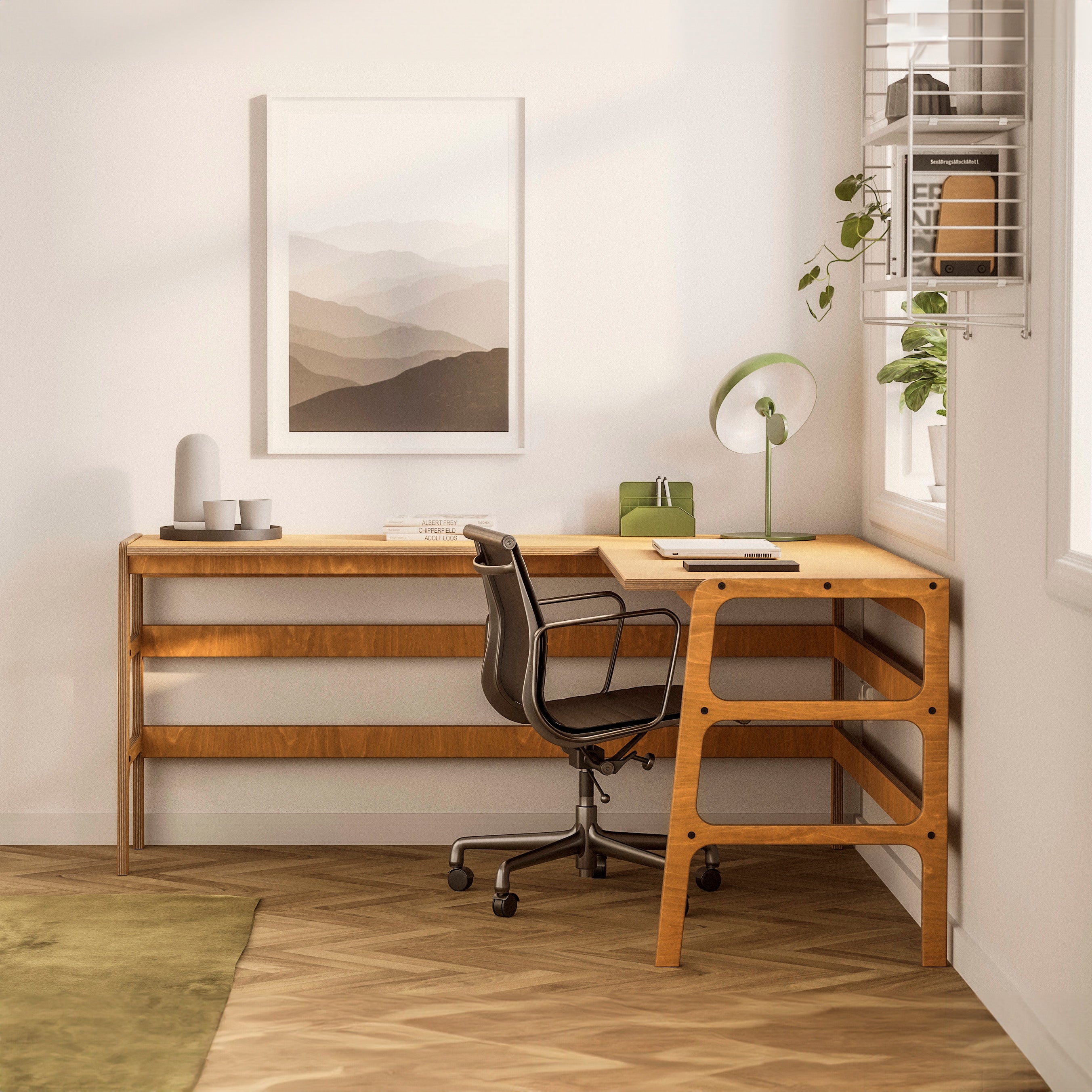 L Shaped Desk Slatted Back Exposed Plywood Edge Table