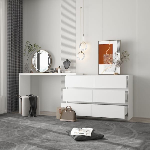 L-Shaped Dresser Desk White Six Drawers Rotatable Vanity Desk