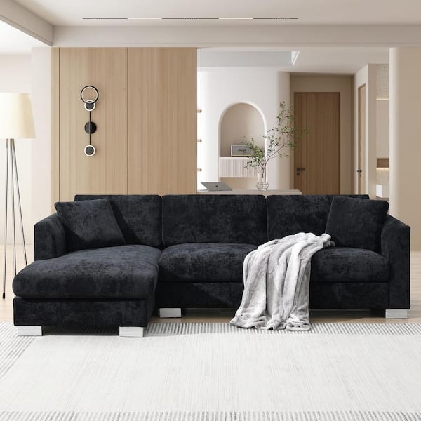 L Shaped Sectional Black Chenille Silver Feet