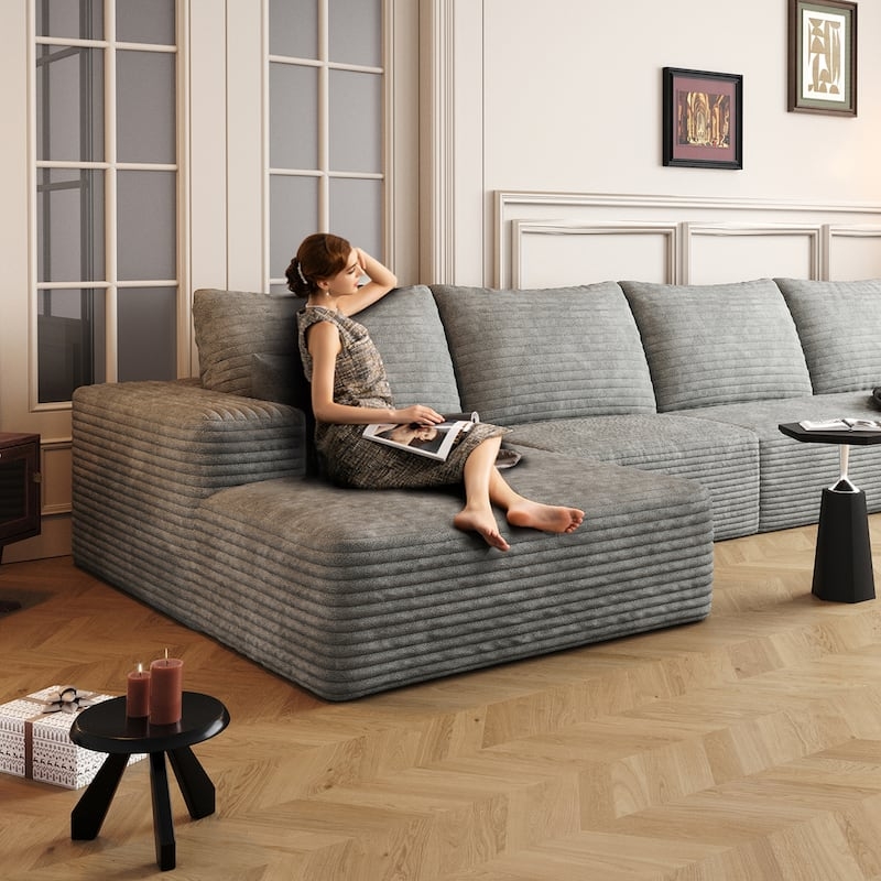 L-Shaped Sectional Charcoal Corduroy Horizontal Ribbed Sofa