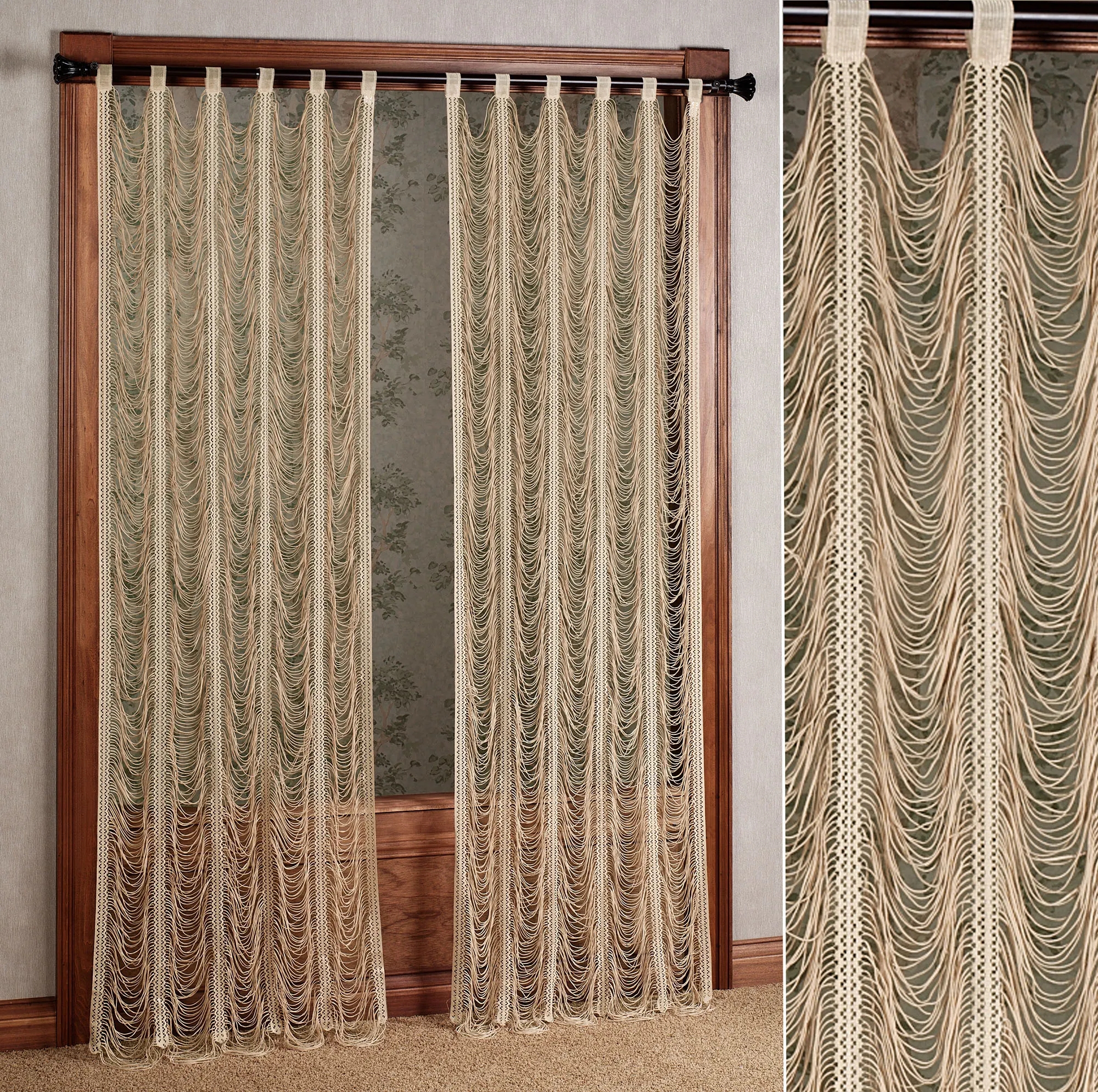 Lace Curtains Scalloped String Drape Gold Tab Top