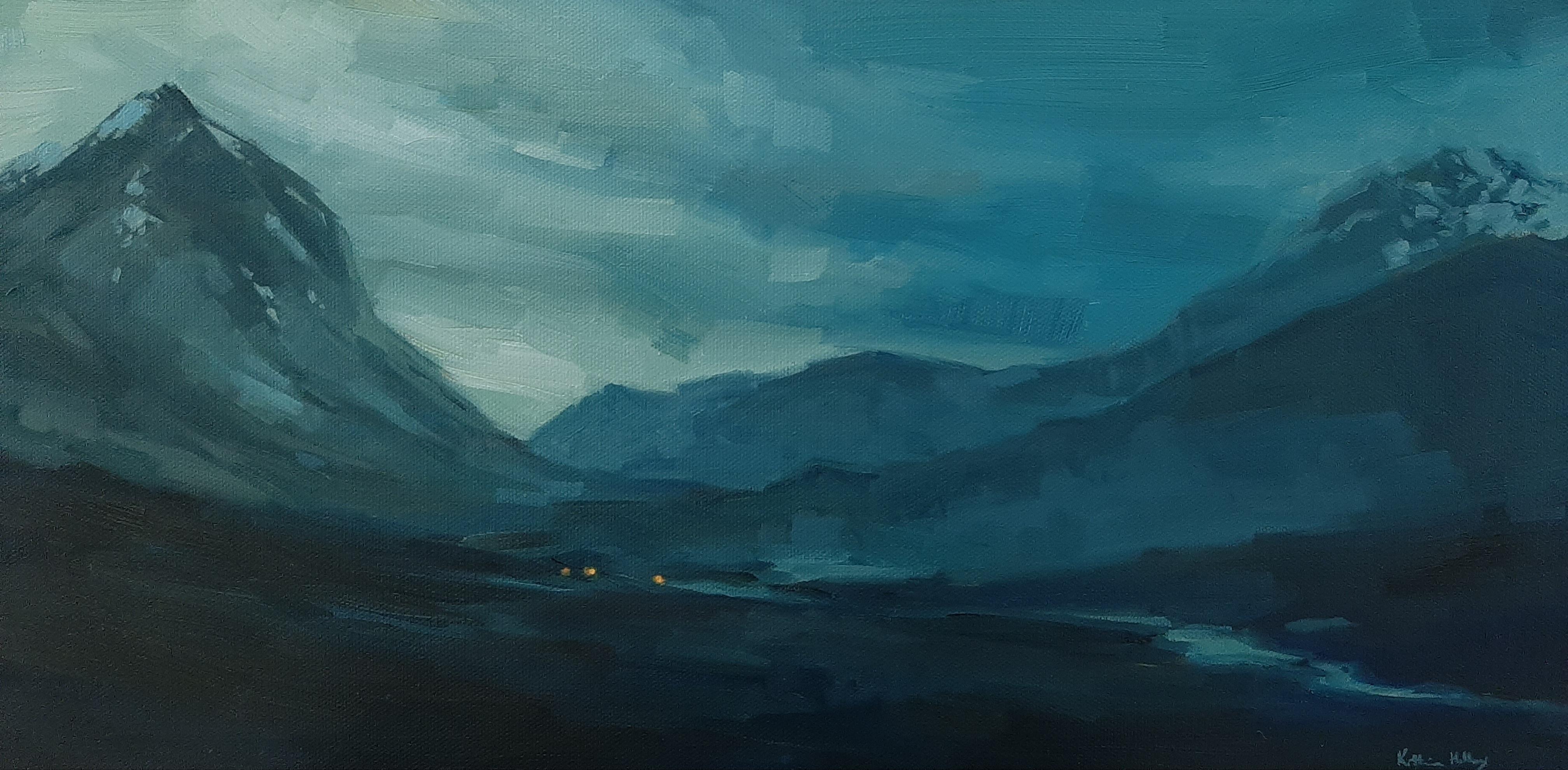Landscape Oil Painting: Teal Monochromatic Mountain Art