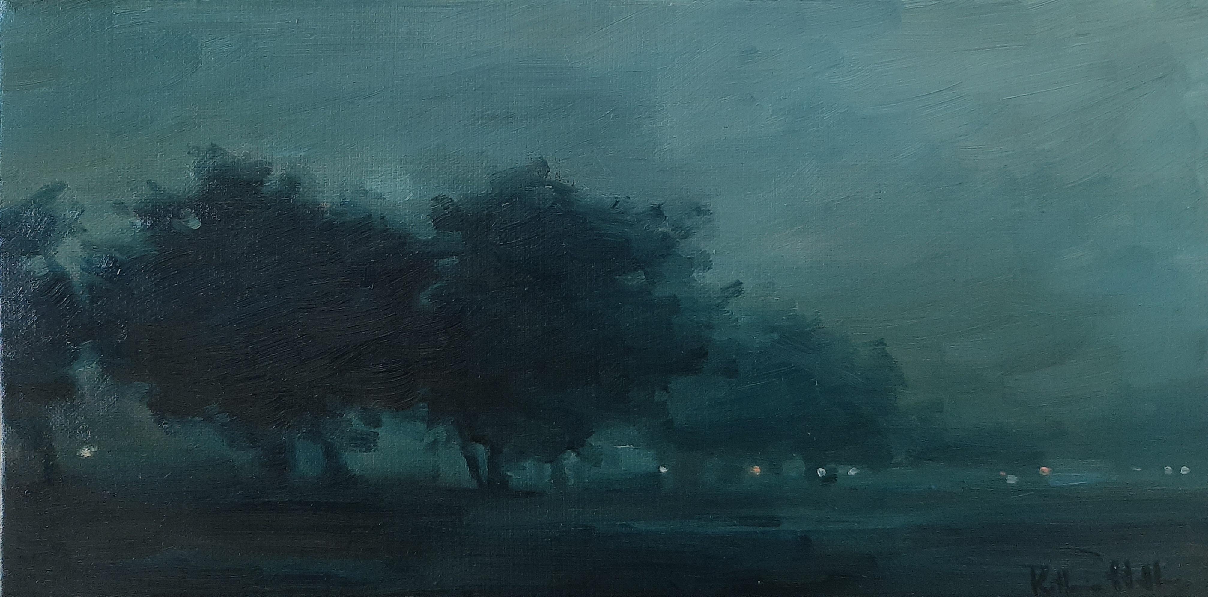 Landscape Painting: Brush Textured Teal Atmospheric Decor