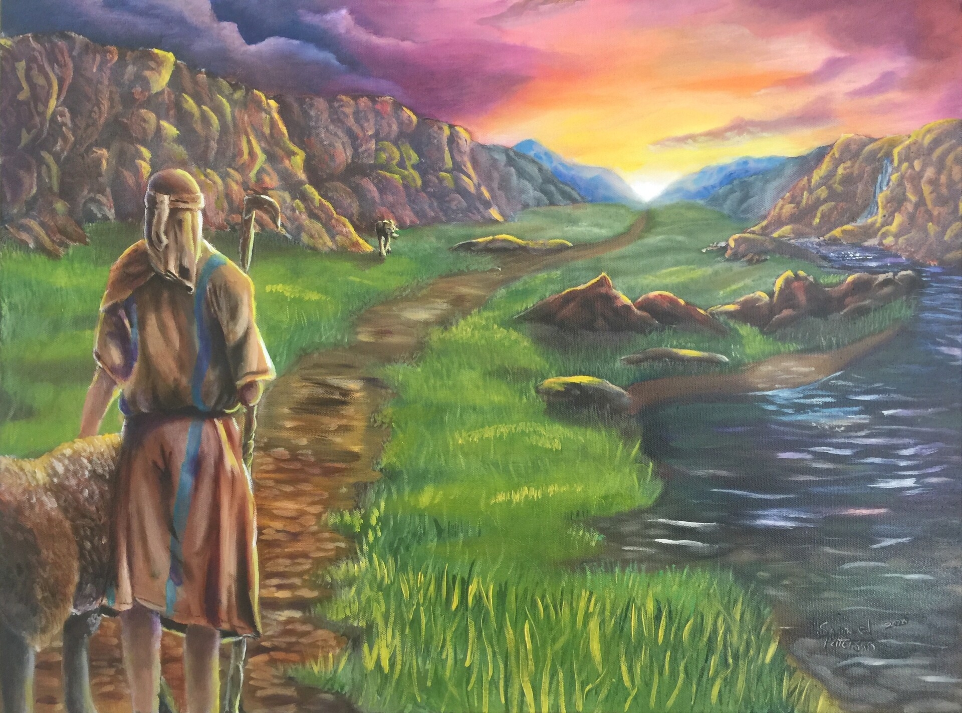 Landscape Painting Vibrant Sunset Pastoral Symbolism Art