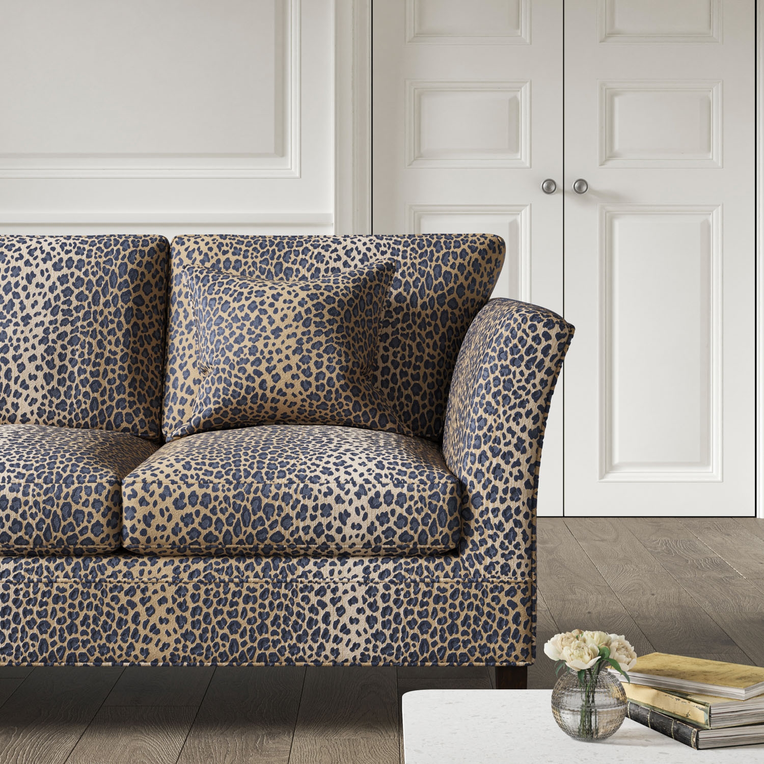 Large Sofa featuring Indigo Pattern and Patterned 4 Seat Sofa Scale