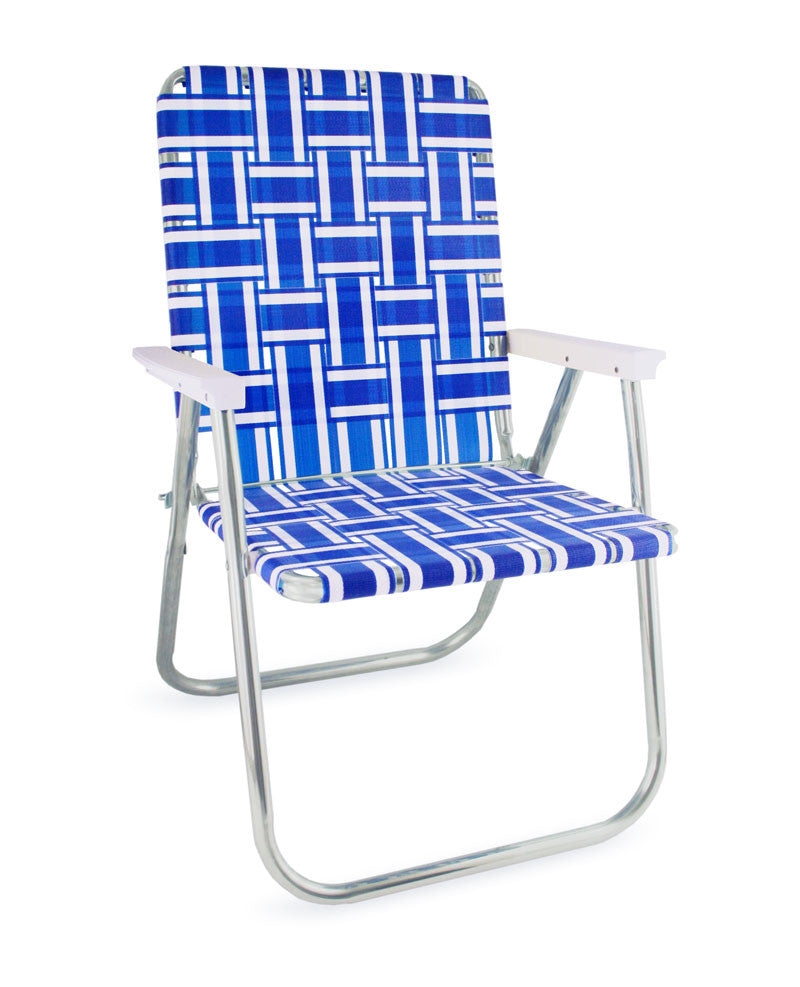 Lawn Chair Folding Frame and Blue White Woven Webbing