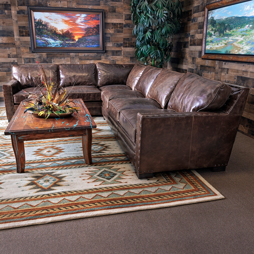 Leather Sectional Dark Rum Brown Nailhead Trim