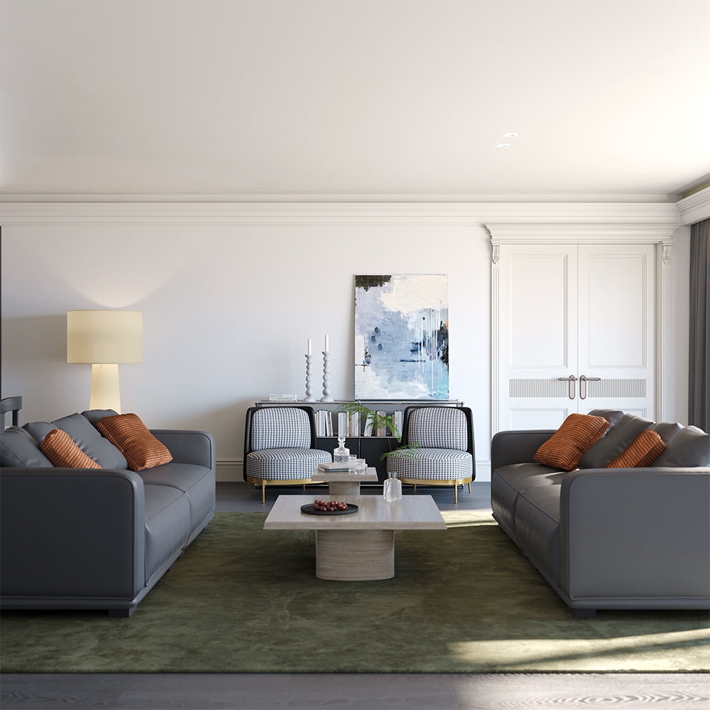 Leather Sofa featuring Pedestal Coffee Table and Symmetrical Layout