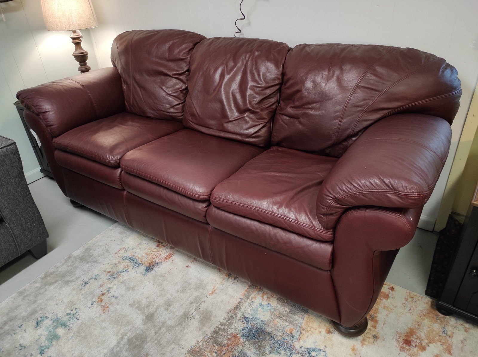 Leather Sofa in Merlot Finish and Overstuffed Merlot Seating