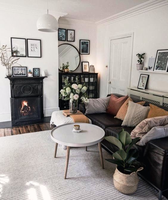 Leather Sofa Matte Black Ornate Fireplace Scandi