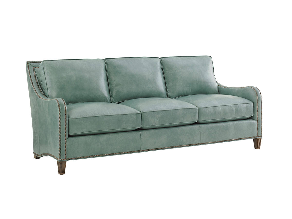 Leather Sofa Muted Teal Fluted Wood Legs Seating
